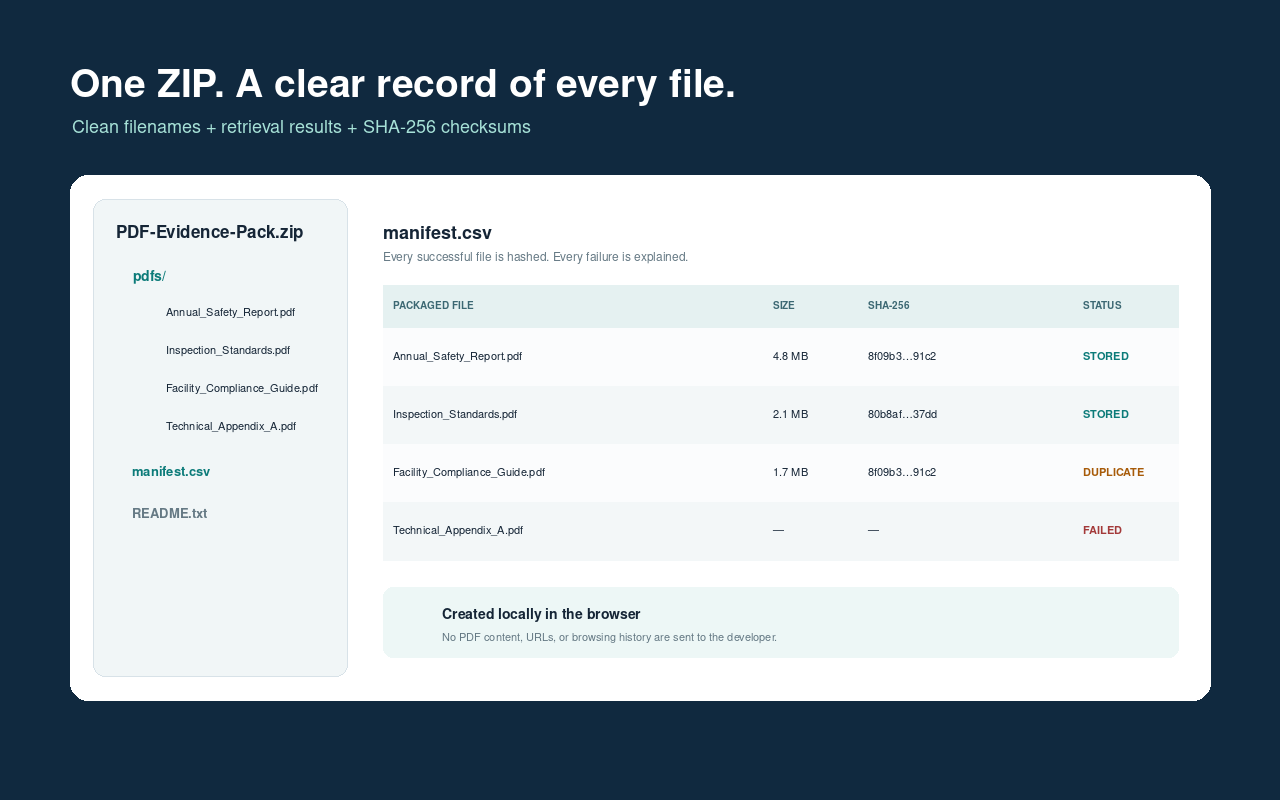 ZIP package containing PDFs and a CSV manifest with checksums and retrieval status